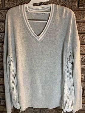 Marc Cain Sport 100% Oversized Cotton Light Gray V-Neck Sweater with Side Pulls